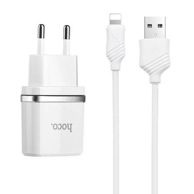 Мережевий зарядний пристрій HOCO C12 Smart dual USB (iP cable)charger set White (6957531047766) - зображення 1