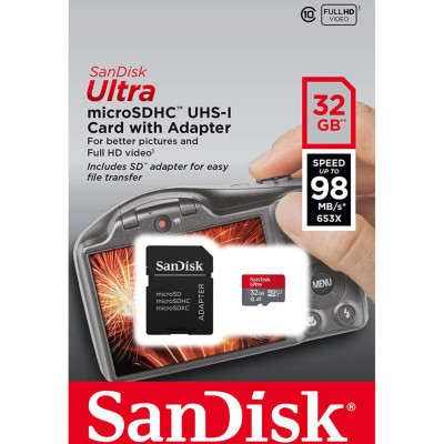 microSDHC (UHS-1) SanDisk Ultra 32Gb class 10 A1 (120Mb/s) (adapter SD) Imaging Packaging - зображення 1