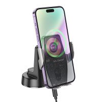 Тримач для мобільного з БЗП HOCO HW27 Traveler infrared RGB wireless fast charging car holder(center console) Black metal gray (Цвет Black Metal Grey) - фото № 3