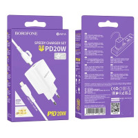 Мережевий зарядний пристрій BOROFONE BA81A single port PD20W charger set (C to iP) (EU) White (Колір Білий) - фото № 2