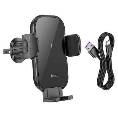 Тримач для мобiльного з БЗП HOCO HW4 Journey wireless fast charging car holder(air outlet) Black (6942007601443) - изображение 5