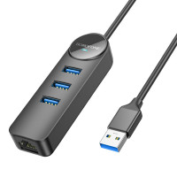 USB-Hub Borofone DH6 Erudite 4-in-1 Gigabit Ethernet Adapter(USB to USB3.0*3+RJ45)(L=0.2M) Black (Цвет Черный) - фото № 2