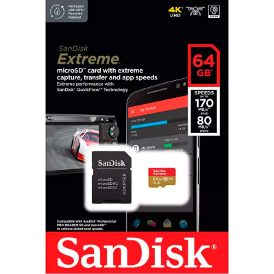 microSDXC (UHS-1 U3) SanDisk Extreme For Action Cams and Drones A2 64Gb class 10 V30 (R170MB/s, W80MB/s) (adapter) - изображение 4