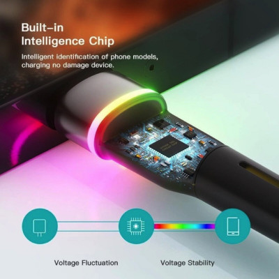 Кабель Essager Colorful LED USB-кабель для быстрой зарядки, 3 А, USB-A, тип C, 1 м, черный (EXCT-XCD01) (EXCT-XCD01) - изображение 7
