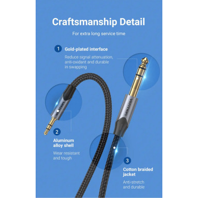 Кабель Vention Cotton Braided 3.5mm TRS Male to 6.35mm Male Audio Cable 2M Gray Aluminum Alloy Type (BAUHH) - зображення 3