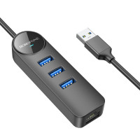 USB-Hub Borofone DH6 Erudite 4-in-1 Gigabit Ethernet Adapter(USB to USB3.0*3+RJ45)(L=0.2M) Black (Цвет Черный) - фото № 3