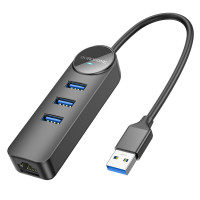 USB-Hub Borofone DH6 Erudite 4-in-1 Gigabit Ethernet Adapter(USB to USB3.0*3+RJ45)(L=0.2M) Black