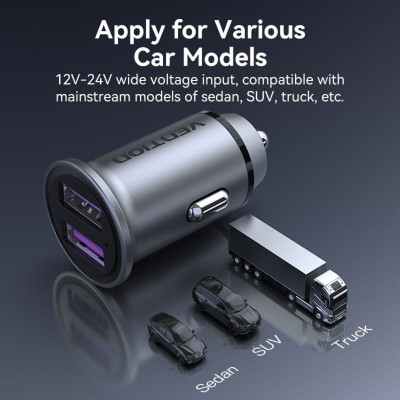 Автомобільний зарядний пристрій Vention Two-Port USB A+A(30/30) Car Charger Gray Mini Style Aluminium Alloy Type (FFEH0) - изображение 2
