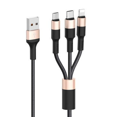 Кабель HOCO X26 USB to iP+Type-C+Micro 2A, 1m, nylon, aluminum connectors Black+Gold - изображение 1
