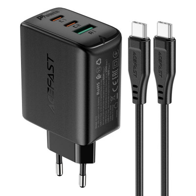 Мережевий зарядний пристрій ACEFAST A13 PD65W(USB-C+USB-C+USB-A) 3-port charger set Black (AFA13B) - зображення 2