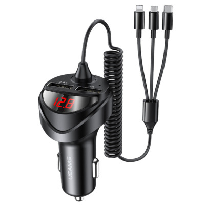 АЗП Usams US-CC119 C22 3.4A Автомобильное зарядное устройство с двумя USB-портами и пружинным кабелем 3IN1, черное (CC119TC01) - изображение 1