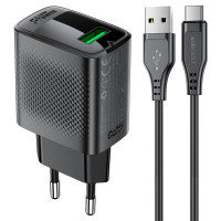 Мережевий зарядний пристрій ACEFAST A90 QC18W GaN single USB-A charger set (P3) (EU) Black