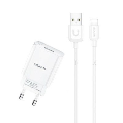 МЗП Usams T21 Комплект зарядного устройства T18, одно USB зарядное устройство EU + кабель Uturn Lightning Белый (T21OCLN01) - изображение 1