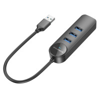 USB-Hub Borofone DH6 Erudite 4-in-1 Gigabit Ethernet Adapter(USB to USB3.0*3+RJ45)(L=0.2M) Black (Цвет Черный) - фото № 4
