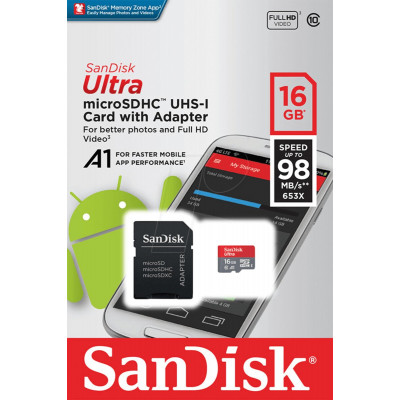 microSDHC (UHS-1) SanDisk Ultra A1 16Gb class 10  (98Mb/s, 653x) (adapter SD) - изображение 2