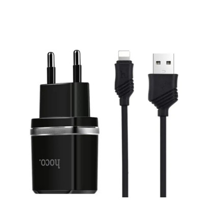 Мережевий зарядний пристрій HOCO C12 Smart dual USB (iP cable)charger set Black - зображення 1
