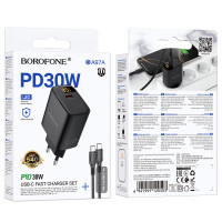 Мережевий зарядний пристрій BOROFONE BA97A Ilustre single-port PD30W charger with digital display set (C to C) (EU) Black (Цвет 7073) - фото № 2
