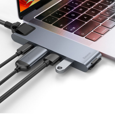 Док-станція USB-Hub Baseus Thunderbolt C+Pro Seven-in-one Smart HUB сірий (CAHUB-L0G) - зображення 2