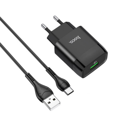 Мережевий зарядний пристрій HOCO C72Q Glorious single port QC3.0 charger set(Type-C)  Black - зображення 1