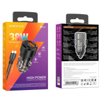 Автомобільний зарядний пристрій BOROFONE BZ20 Smart 38W dual port PD20W+QC3.0 car charger set(C to iP) Transparent Black (Цвет Transparent Black) - фото № 5