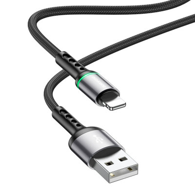 Кабель BOROFONE BU33 USB to iP 2.4A, 1.2м, нейлон, алюминиевые разъемы, световой индикатор, Черный (BU33LB) - изображение 1