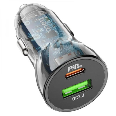 Автомобільний зарядний пристрій HOCO Z47A Transparent Discovery Edition dual port PD30W+QC3.0 car charger Transparent Black (6931474782274) - зображення 2