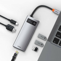 USB-хаб Baseus Metal Gleam Series 6-in-1 Multifunctional （Type-C to HDMI*1+USB3.0*3+PD*1+RJ45*1) (Колір Gray) - фото № 3