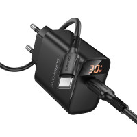 Мережевий зарядний пристрій BOROFONE BA97A Ilustre single-port PD30W charger with digital display set (C to C) (EU) Black (Цвет 7073) - фото № 3