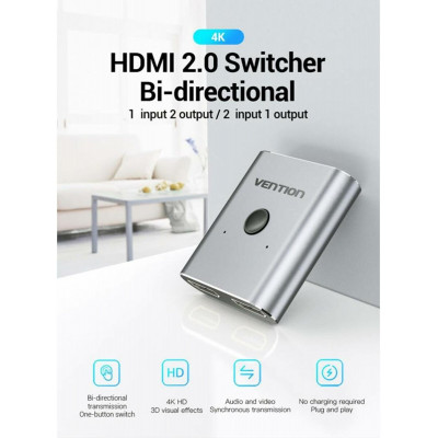 Адаптер Vention 2-Port HDMI Bi-Direction Switcher Silver (AFUH0) (AFUH0) - зображення 4