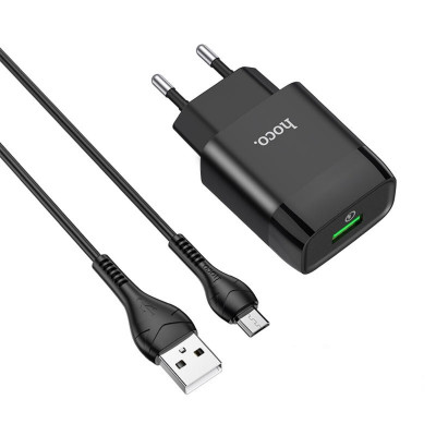 Мережевий зарядний пристрій HOCO C72Q Glorious single port QC3.0 charger set(Micro) Black - зображення 1
