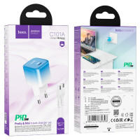 Мережевий зарядний пристрій HOCO C101A single port PD20W charger set(Type-C to Type-C) Ice Blue (Цвет Ice-Blue) - фото № 7