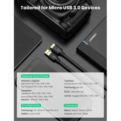 Кабель UGREEN US130 USB 3.0 A Male to Micro USB 3.0 Male Cable 2m (Black)(UGR-10843) - зображення 7