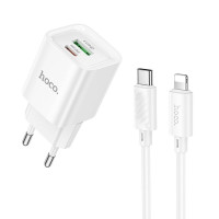 Мережевий зарядний пристрій HOCO C147A Charm PD20W+QC3.0 charger set (C to iP)(EU) White