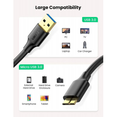 Кабель UGREEN US130 USB 3.0 A Male to Micro USB 3.0 Male Cable 2m (Black)(UGR-10843) - зображення 6