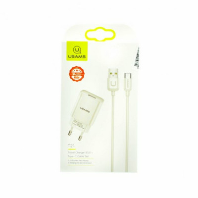 МЗП Usams T21 Комплект зарядного устройства T18, одно USB зарядное устройство EU + кабель Uturn Type-C Белый (T21OCTC01) - изображение 1