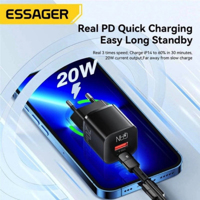 Мережевий зарядний пристрій Essager Camber 20W GaN travel Phone Charger A+C EU  black (ECTAC-HMB01-P) (ECTAC-HMB01-P) - зображення 4