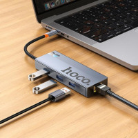 USB-хаб HOCO HB51 Wow 6-in-1 multi-function converter (HDTV+RJ45+PD+USB3.0*3) Deep Space Gray (Колір Deep-Space-Gray) - фото № 5