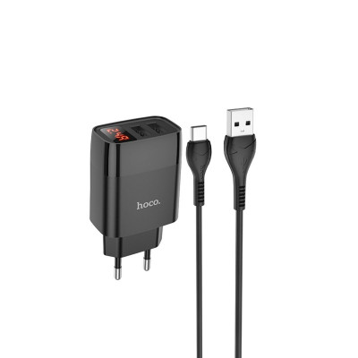Мережевий зарядний пристрій HOCO C86A Illustrious dual port charger with digital display set(Type-C) Black (6931474746313) - зображення 1
