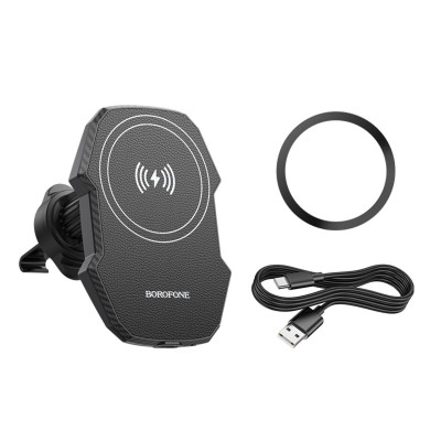 Тримач для мобiльного з БЗП BOROFONE BH215 Adelante magnetic wireless fast charging car holder(air outlet) Black - зображення 4
