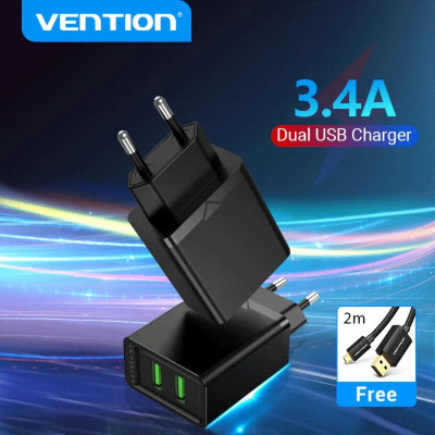 Зарядний пристрій Vention Two-Port USB(A+A) Wall Charger (18W/18W) EU-Plug Black (FBAB0-EU) - зображення 1