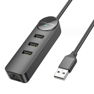 Адаптер Borofone DH6 Erudite 4-in-1 100 Mbps Ethernet Adapter(USB to USB2.0*3+RJ45)(L=1.2M) Black (6941991104275) - зображення 1