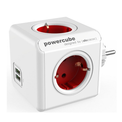 Мережевий розгалужувач Allocacoc PowerCube Original з заземленням 4 розетки 2 USB, червоний (1202RD/DEOUPC) - изображение 1