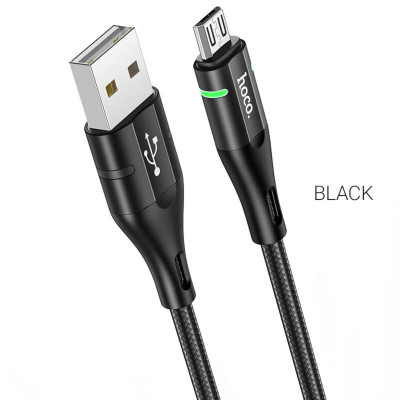 Кабель HOCO U93 USB to Micro 2.4A, 1.2m, нейлон, алюмінієві роз'єми, світловий індикатор, Black (6931474732156) - зображення 1