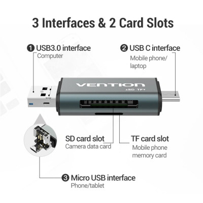 Картрідер Vention USB3.0 Multi-function Card Reader Gray Metal Type (CCHH0) - зображення 6
