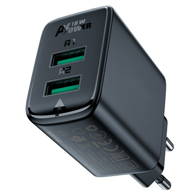 Мережевий зарядний пристрий ACEFAST A33 QC18W (USB-A+USB-A) двухпортовое зарядное устройство Черный (AFA33B) - изображение 1