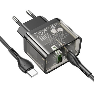 Мережевий зарядний пристрій HOCO N34 Dazzling dual-port PD20W+QC3.0 charger set(Type-C to Type-C) Transparent Black - зображення 5