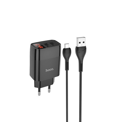 Мережевий зарядний пристрій HOCO C86A Illustrious dual port charger with digital display set(Micro) Black (6931474746290) - зображення 1