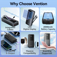 Зовнішній акумулятор Vention 20000mAh Power Bank (Micro-USB + USB-C + USB-A + USB-A) with Built-in USB-C and Lightning Cables 22.5W Black LED Display (Цвет 7073) - фото № 3