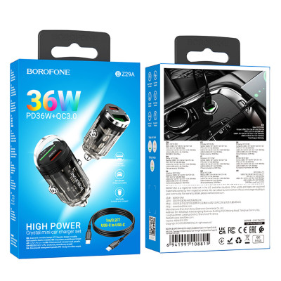 Автомобільний зарядний пристрій BOROFONE BZ29A Talented PD36W+QC3.0 car charger set(Type-C to Type-C) Black - зображення 6
