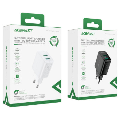 Мережевий зарядний пристрий ACEFAST A33 QC18W (USB-A+USB-A) двухпортовое зарядное устройство Черный (AFA33B) - изображение 4